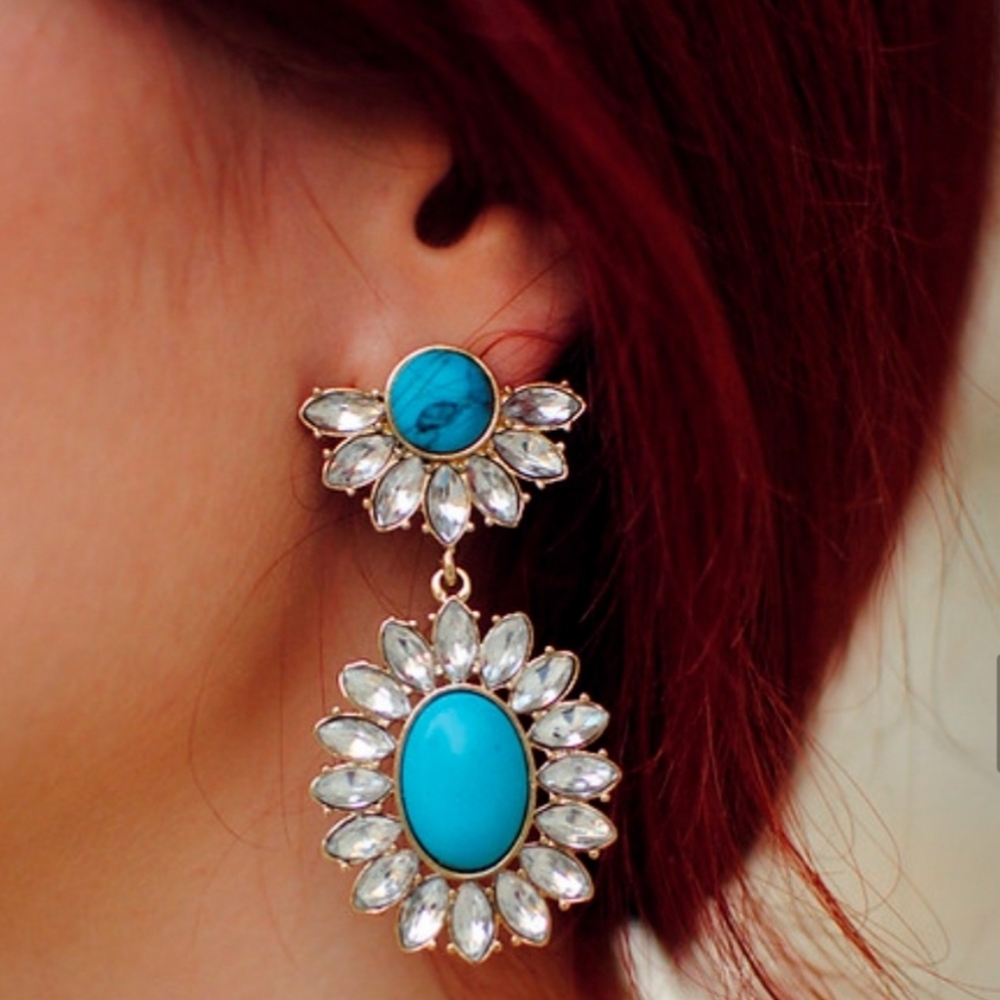 Vintage Turquoise and Silver Floral Drop Earrings